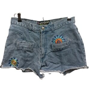 VTG 90s No Excuses Jeans Womens Love Peace Denim Shorts 13/14 Blue Embroidered
